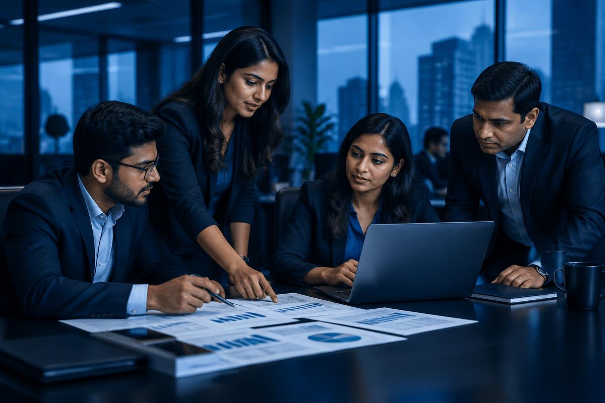Finance professionals reviewing accounting reports