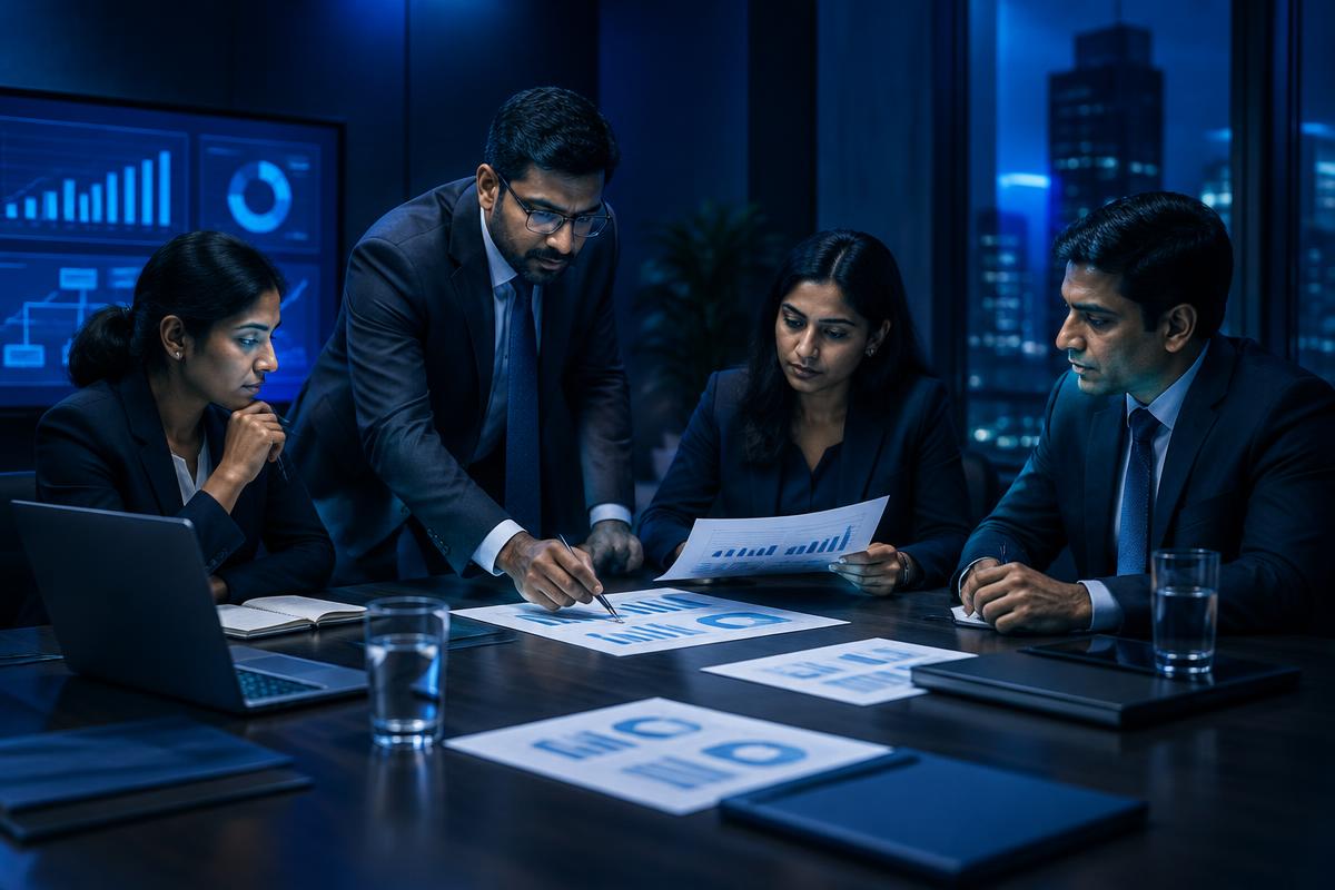 Financial audit team examining business reports